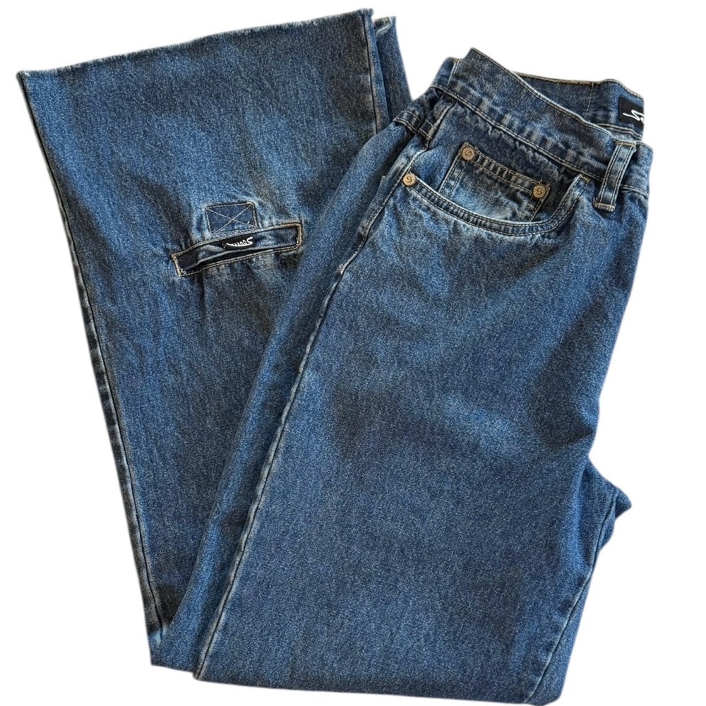 Vintage Button Fly Wide Leg Squeeze Blue Jeans Flare Women's 90's Denim Size 5 6 - Picture 8 of 11